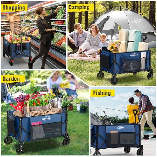 Elegear Folding Beach Cart with Wheels 150L, Folding Garden Cart with Adjustable Handle and Cup Holder, Foldable Transport Cart for Camping Shopping Sports, Blue