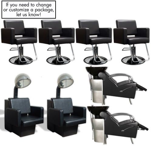 Havana Basics Black Collection - Four Stations featuring Four (4) Styling Chairs - Black w/Round Base, Two (2) Stockholm Shampoo Units Black w/ Black Bowl and VBK (White bowl is available) &amp; Two (2) Havana Dryer Chairs - Black from SalonSmart