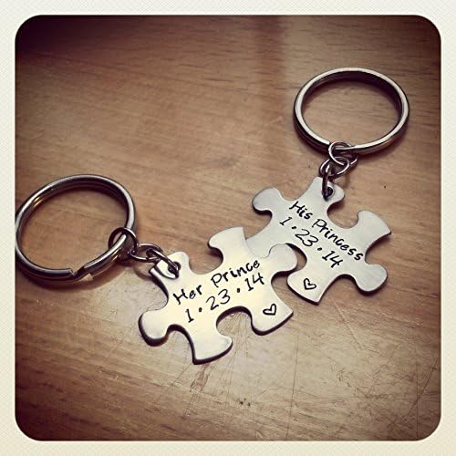 Hand Stamped Puzzle Piece Her Prince &amp; His Princess Couples Keychains