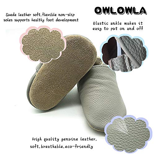Owlowla Baby Soft Sole Leather Crib Shoes Infant Toddler Pre-Walker Shoes Boy Girl(F-Light Grey,US6.5) - Thumbnail 4