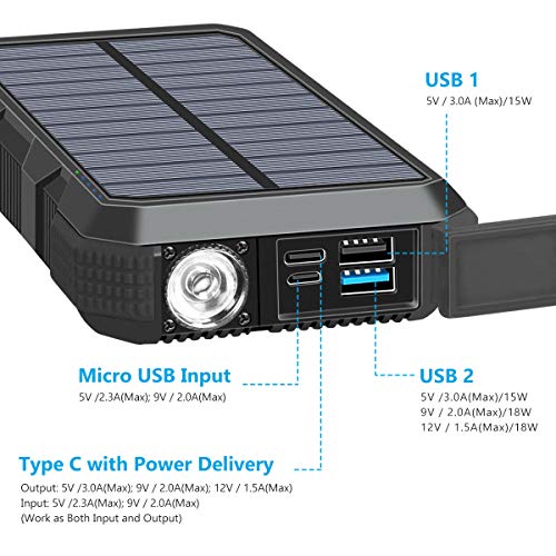 Hiluckey Solar Charger 26800mAh Power Bank PD 18W Portable Charger with USB C Port External Battery with LED Flashlight for Smartphones, Tablets, Laptops and More - Thumbnail 2