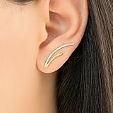Pair of curved bar ear crawlers, pair of sterling silver ear cuffs, half gold plated bar earring pins, minimalist earcuffs, double tone line ear climbers handmade by Emmanuela