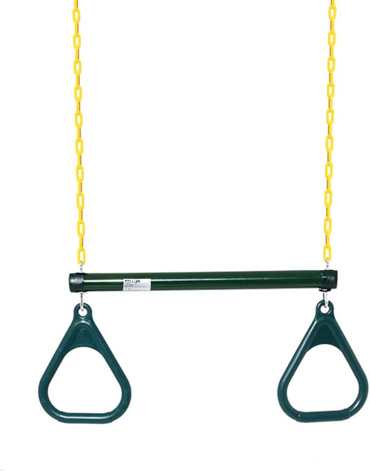 PELLOR Playground Children's Wooden Trapeze Swing Bar with Plastic Gym Rings for Indoor Outdoor Fun (Iron Chain Swing Navy)