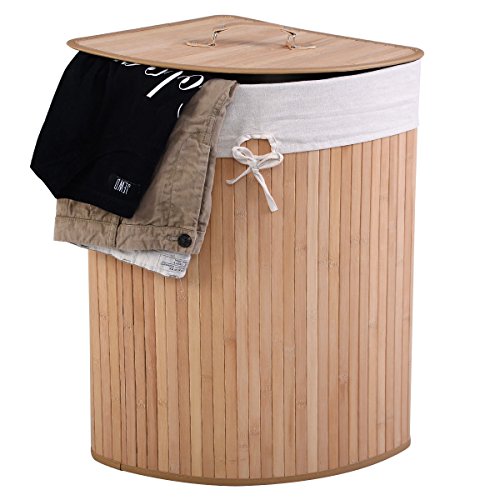 Corner Bamboo Hamper Laundry Basket Washing Cloth Bin Storage Bag Lid Natural