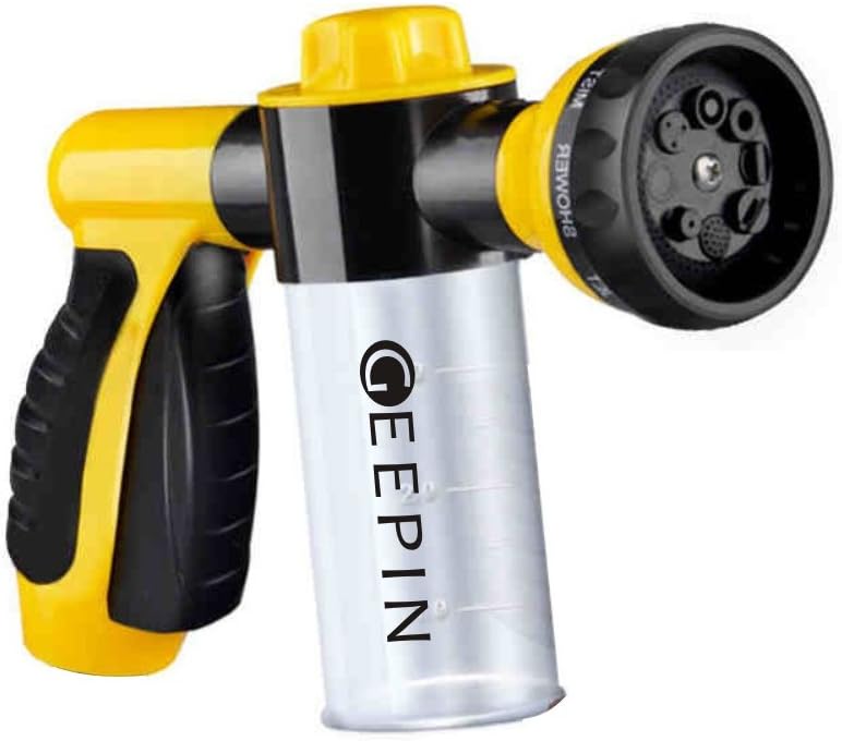 GEEPIN; Garden Hose Nozzle Sprayer - Pistol Grip Trigger. 8 Adjustable Pattern, Can Independently Open or Closed Foam Storage, Watering Plants & Lawn, Car Washing, Patio, Dog & More.