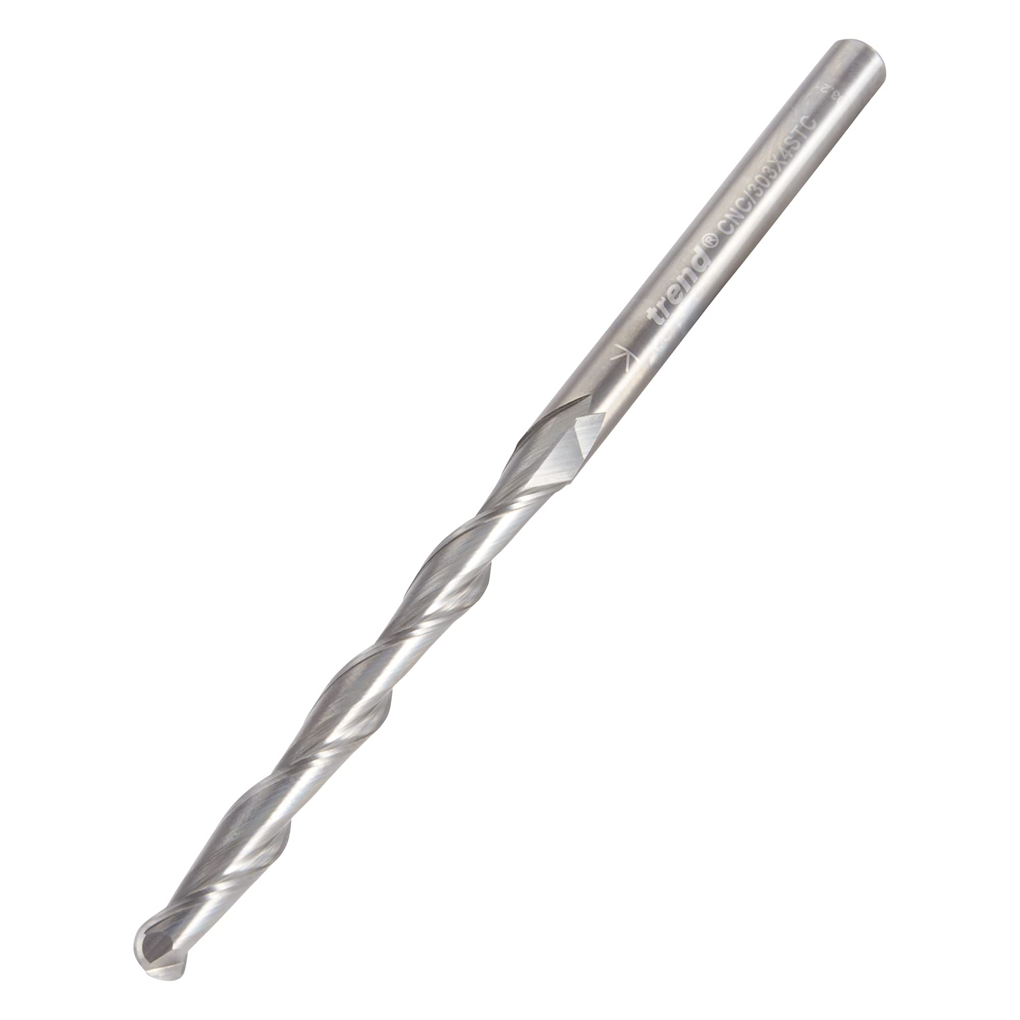 Trend CNC Bullnose Spiral Up-Cut Router Cutter, 4mm Shank, 4mm Cut Diameter & 42mm Cut Length, Solid Tungsten Carbide, CNC/303X4STC