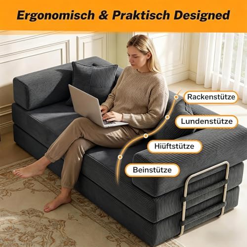 Premium 200 cm rahmenloses Schlafsofa 5-in-1 Couch für das Wohnzimmer, Grau