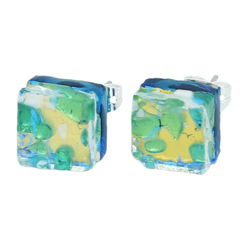 Glass Of Venice Murano Glass Venetian Reflections Square Stud Earrings - Aqua Gold