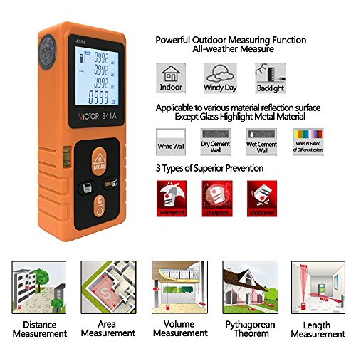 Wyne Technology 40M 131ft Portable Digital Laser Distance Meter with Bubble  Level LCD Backlight Display Pythagoras Theorem Area Volume Length Height