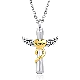 QeenseKc Guardian Angel Wing Cremation Urn Necklace for Ashes Cross Heart Love Memorial Keepsake Pendant Jewerlry Women