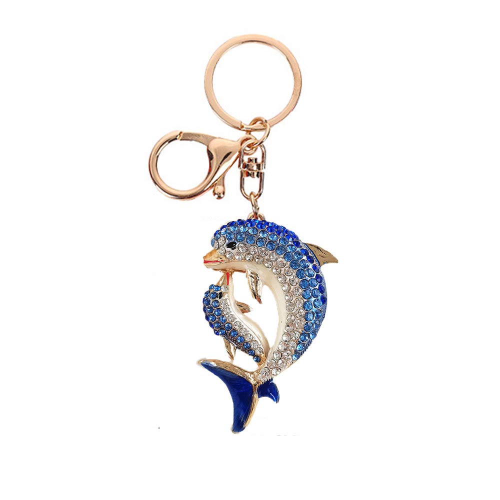 Cute Dolphins Rhinestones Keychain,Gold Sparkling Charm Keyring Pendant (Blue)
