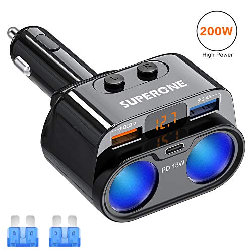 SUPERONE 200W 2-Socket Cigarette Lighter Splitter Power Adapter, USB C Car Charger with 18W Power Delivery 3.0 & Quick Charge 3.0 for iPhone 11/11 Pro/X/8, MacBook, Samsung, Google Pixel and More