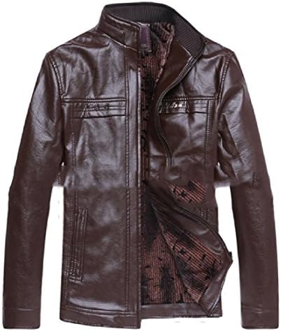 Colourful Men Stand Collar Pocketed Leather Solid Thicken Coat PU Jakcet Brown XL