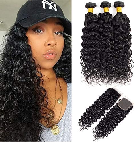 Brazilian Water Culry Hair with Closure Water Wave Bundle with Closure 14 16 18 +12 Closure Curly Wave Hair Extension Color 1B#