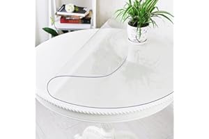 LinkGro 52 Inch Dia Clear Round Plastic Protector Cover Vinyl Tablecloth Clear PVC Placemats Circle Desk Pad Dining Coffee Table Wood Furniture Protector Wipeable Waterproof Table Runner