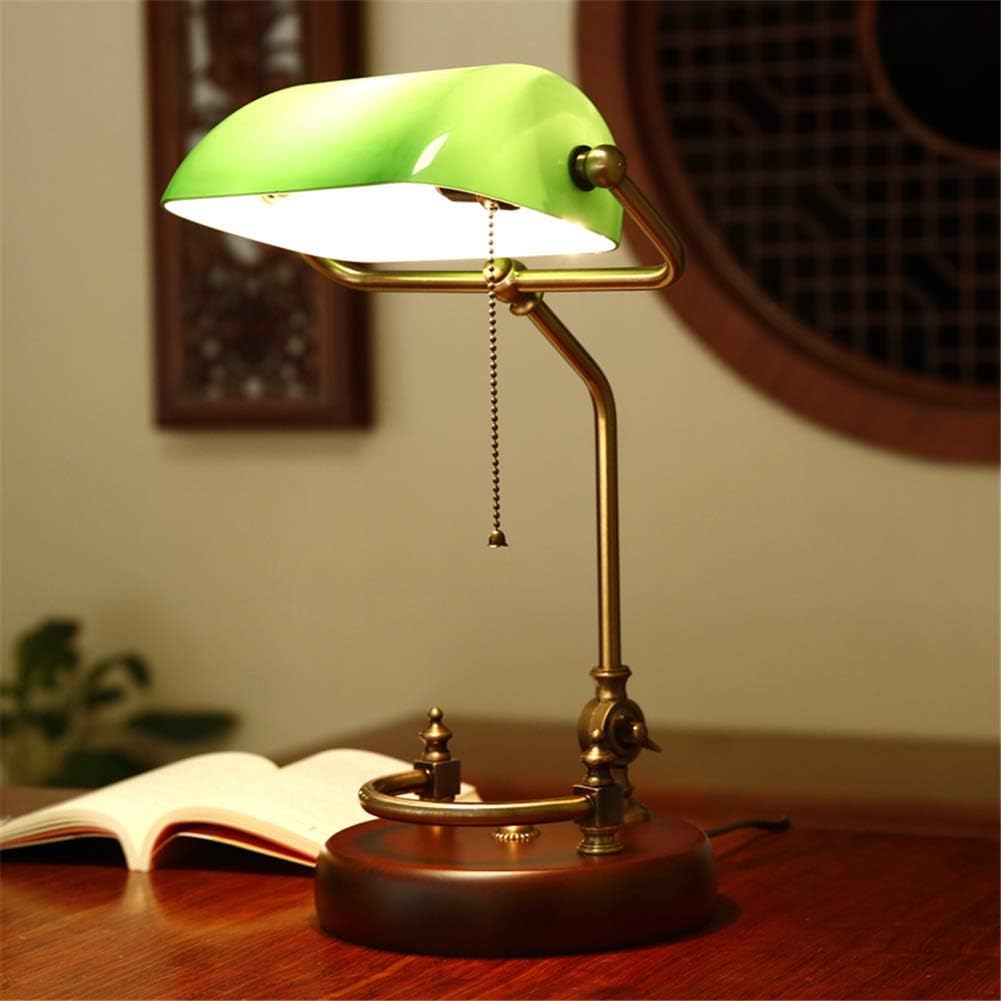 YSNJG Desk Lamp Retro Classic Table Lamp Banker E27 Night Reading Lamp Glass Shade Solid Wood Adjustable Pull Cord Switch Lamp Study Office Bedroom Table Lamp Win Quality