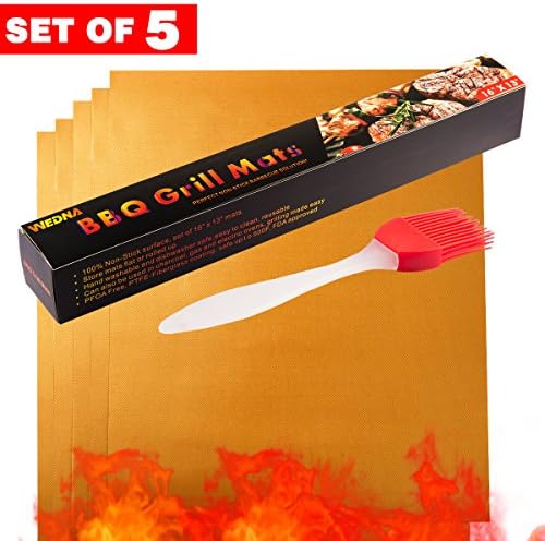 Copper Grill Mat - WEDNA 5 Pack BBQ Mats and a Silicone Brush - FDA Approved, PFOA Free, Reusable and Easy to Clean - Works on Gas, Charcoal, Electric Grill and more, 100% Non-stick 15.75 x 13 inches