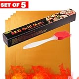Wedna Copper Grill Mat 5 Pack BBQ Mats and a Silicone Brush - FDA Approved, PFOA Free, Reusable and Easy to Clean - Works on Gas, Charcoal, Electric Grill and more, 100% Non-stick 15.75 x 13 inches