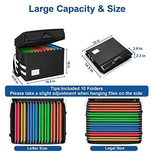 Lunies Fireproof Document Box with Lock, File Box Organizer with 10 Folders, Collapsible Filing