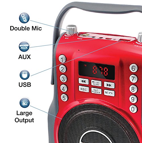 KORAMZI-Karaoke-Portable-Boombox-with-Bluetooth-Audio-Streaming-Rechargeable-battery-FM-Radio-AUX-In-35-mm-Audio-Jack-Bluetooth-Electric-Guitar-audio-input-MIC-jack-KS-200RD-Red