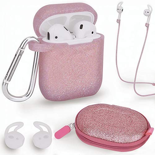 Airpods Case, Filoto Airpods Accessories for Apple Airpods 2&1 Charging Case Protective Silicone Cover with Keychain/Strap/Earhooks/Storage Carrying Bag, Best Gift for Girls & Women, Rose Gold