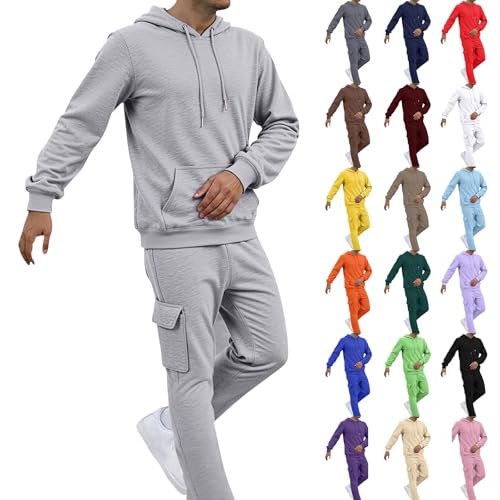 Mens Tracksuit Set Solid Color Long Sleeve Tracksuit Men Full Set Loose Casual Hoodies Elastic Waist Tracksuits Bottoms with Pockets Drawstring Hooded Mens Sweatshirts and Wide Leg Joggers