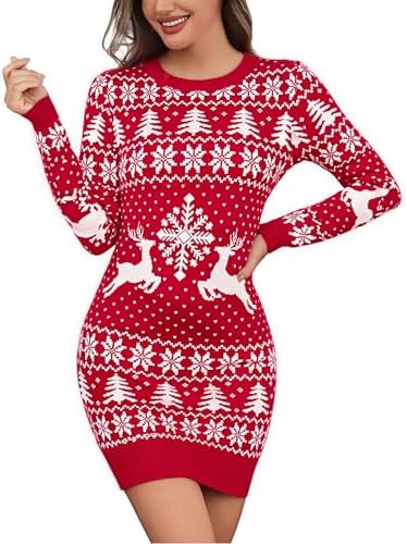 Litherday Christmas Jumper Dress for Women UK Knitted Christmas Dress Long Sleeve Sweaters Winter Crewneck Pullover Jumper Dress for Xmas Party