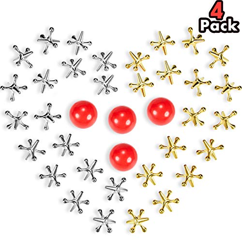 Gejoy 4 Set Vintage Metal Jacks and Ball Toys Kit Retro Jax Game Christmas Classic Board Games Include 40 Pieces Metallic Jacks and 4 Pieces Red Rubber Balls with Bag for Kids Adult Family Party Favor