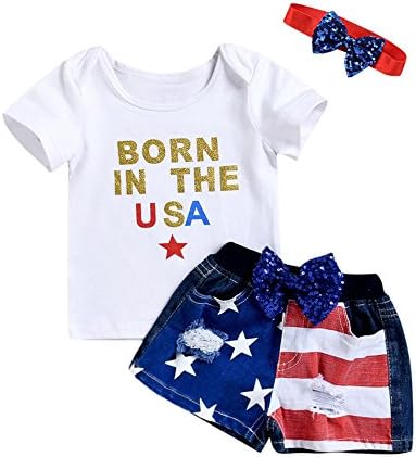 PROBABY Toddler Girl Summer Clothes Set Letters Printed White Shirt Tops + Denim Shorts+ Headband 3Pcs Outfits (12-18 Months, A)