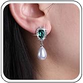 Yheakne Vintage Teardrop Pearl Dangle Earrings Silver Green Emerald Emerald Teardrop White Pearl Drop Earrings Waterdrop Green Crystal Earrings Jewelry for Women