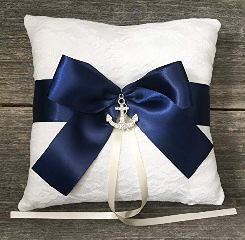 Nautical Ivory Lace Navy Satin Bow Rhinestone Anchor Wedding Bridal Ring Bearer Pillow