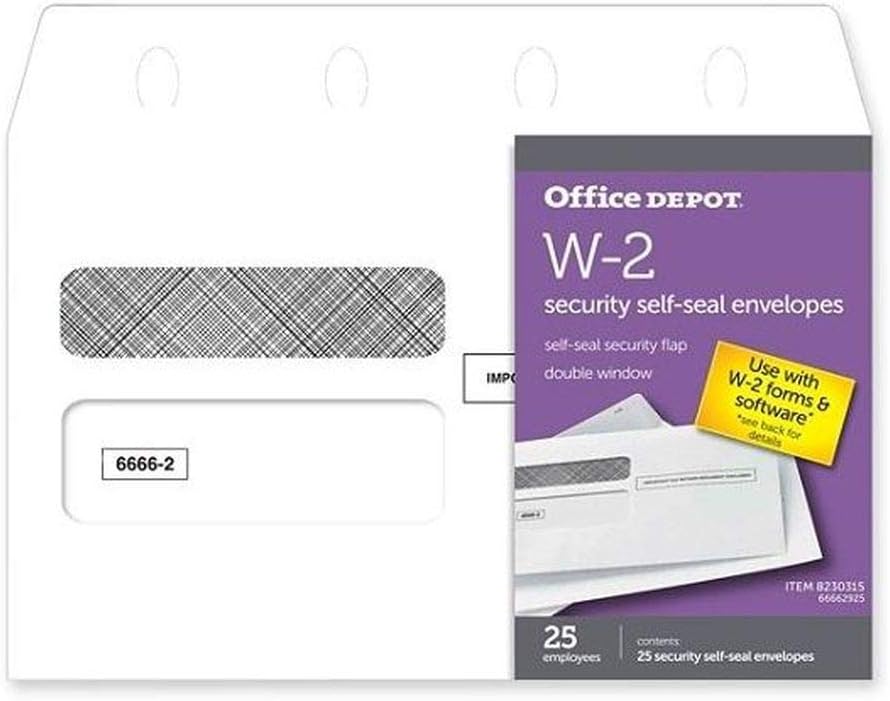 Office Depot Brand Double-Window Self-Seal Envelopes for 25 Employees W-2 Tax Forms, 9 1/4