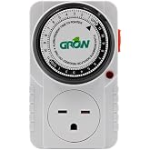 Grow1 Single Outlet Mechanical Timer 24 Hour Hydroponics Grow Light Timers Electrical Outlets, Universal Wall Plug 3-Prong Grounded Outlet, UL Listed, 240v