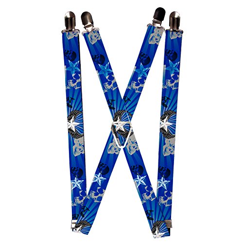 White Grey Skulls and Stars on Blue and Grey Suspenders