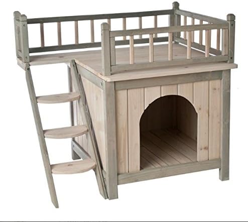 Fairytale Wooden Cat House - A Cute Home For Your Cats, With Upstairs Roof Area And Cosy Den - Grey And White Finish - Indoor or Outdoor Use