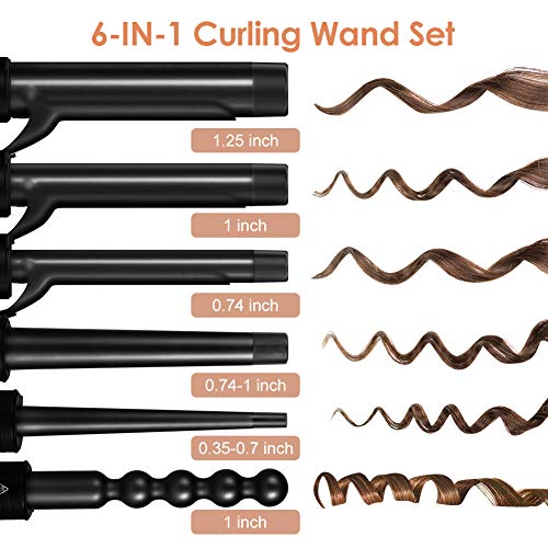 6-IN-1 Curling Iron, Professional Curling Wand Set, Instant Heat Up Hair Curler with 6 Interchangeable Ceramic Barrels (0.35'' to 1.25'') and 2 Temperature Adjustments (Black)