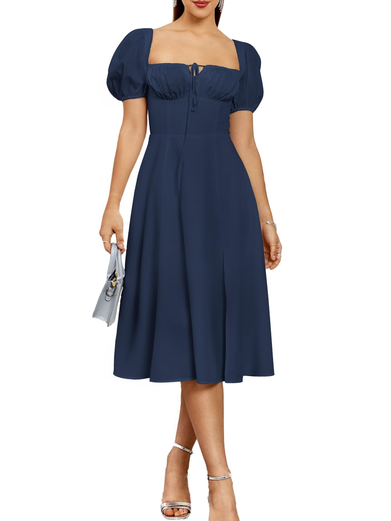 Photo 1 of KUTUMAI Women's 2024 Summer Puff Sleeve Midi Dress Lace Up Flowy Split Casual Beach Dresses Navy XL