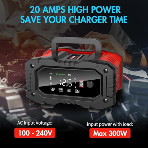LBOYLOVE® 20 Amp Car Battery Charger, 12V/24V Trickle Charger, LiFePO4 Lead Acid Fully Automatic Battery Maintainer with Battery Repair & Winter Mode for AGM, STD, Gel, Deep Cycle Batteries