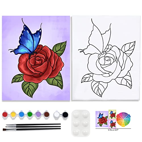 Paint And Sip Kit For Adults - 8x10 Pre-Drawn Canvas Painting Set With Acrylic Paints, Brushes & Color Guide, Flowers & Butterfly Design