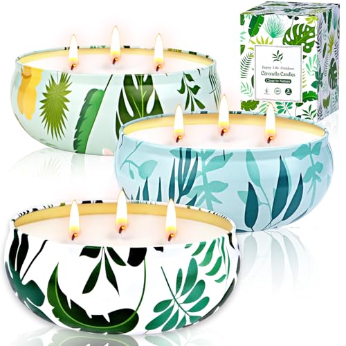 Citronella Candle Outdoor Large, 3 x 400 ml Outdoor Candles 3 Wick Natural Soy Wax Citronella Candle Garden Citronella Fragrance Candle Indoor Best Gift for Camping Picnic Patio - 90 Hours Burning
