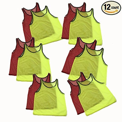 Adorox 12 Pack Youth Scrimmage Team Practice Nylon Mesh Jerseys Vests Pinnies for Children Sports Football, Basketball, Soccer, Volleyball … (Neon Yellow and Red, 12 pack)