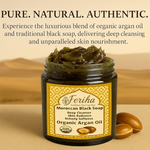 FERIHA Premium Moroccan Black Soap with Organic Argan Oil, 100% Authentic, Artisan Beldi Soap - Sourced, Crafted & Packed in Morocco - Traditional Hammam Formula