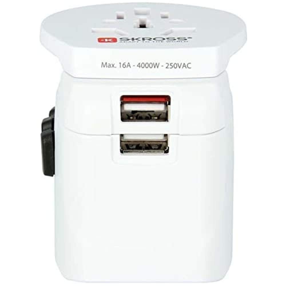 SKROSS Pro Light World Travel Adapter with USB, 3-pole Travel Adaptor with Slide System and USB, Designed in Switzerland for more than 200 Countries, 1.302550 White