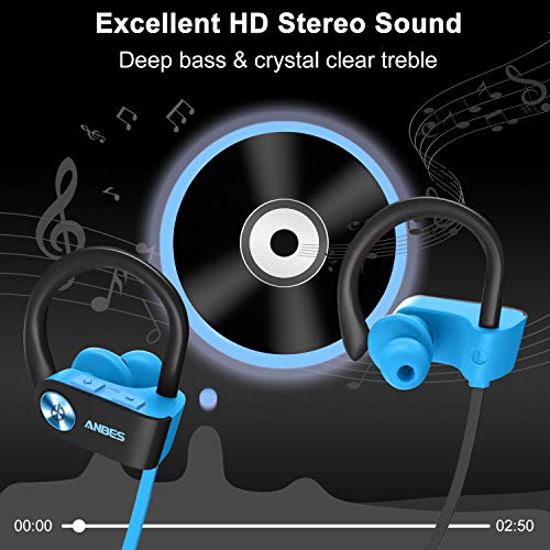Bluetooth Headphones,ANBES IPX7 Waterproof Wireless Earbuds,Sports Earbuds with Ear Hooks & Mic, HD Stereo Sound in-Ear Bluetooth Earbuds, Up to 8 Hours Playing Time Gym Running (Blueblack)