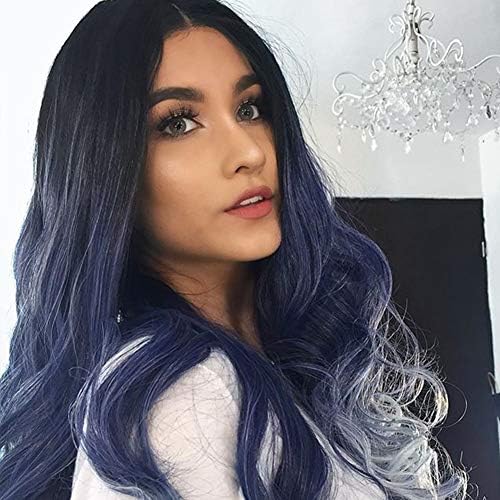 Musegetes Fashion Long Full Lace Front Wig Glueless Thick Soft Natural Hairline Synthetic Lace Front Wigs For Women Heat Resistant Makeup (Ombre Blue)
