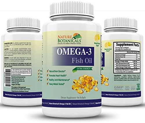 Omega-3 Fish Oil - (60 SOFTGELS) Extra Strength - 1500 mg Omega 3 Fatty Acids - 800 mg EPA - 600 mg DHA - Natural Lemon Flavor