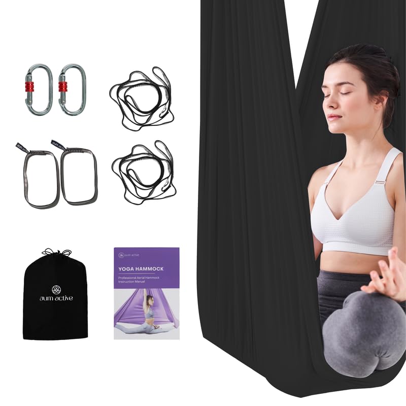 Photo 1 of aum active Aerial Yoga Hammock 5.5 Yards - Durable Aerial Silk with Extension Straps, Carabiners, and Pose Guide - Ariel Silks for Home, Complete Yoga Hammock Kit for All Levels