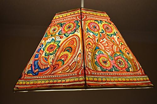 Large Pendant Shade | Peacock-Floral Pattern Painted Ceiling Shade | Chayaa Design Lampshade | Multi-coloured Pendant with Link-chain border | Height – 9.5 inches, Width – 16 inches