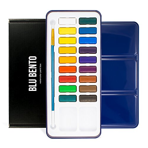 Blu Bento Mizu-18 Watercolor Paint Box (With Tin Metal Case, Brush, Mixing Tray, 18 Paint Cakes, Vibrant Colors)