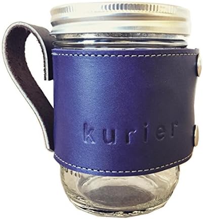 Kurier NAVY BLUE removable full grain Leather Camp Mug/glass mason ball canning jar mug travel coffee cup with handle handmade in USA 16 oz. glass jar included.